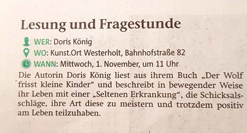 Lesung im KUNST.ORT Westerholt: Doris König